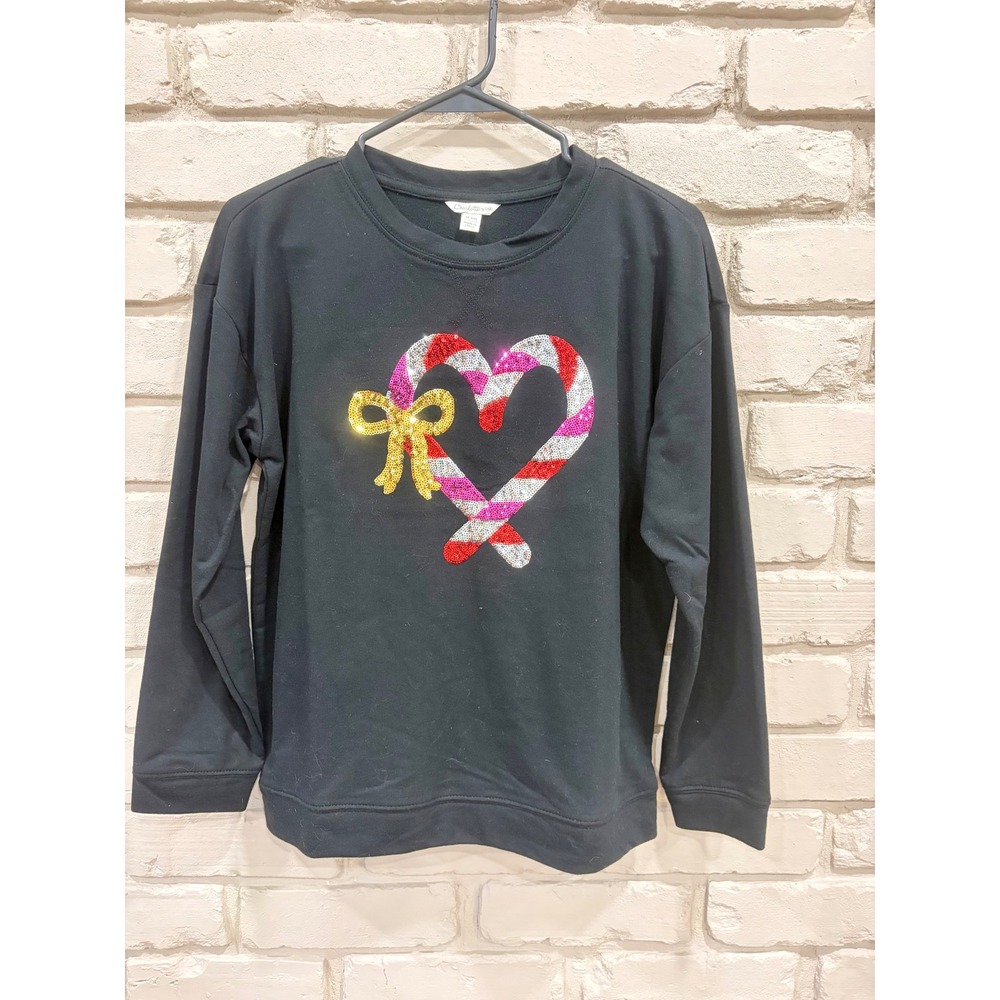 Charlotte Size XL Girls Black Sequin Candy Cane Heart Christmas Sweatshirt